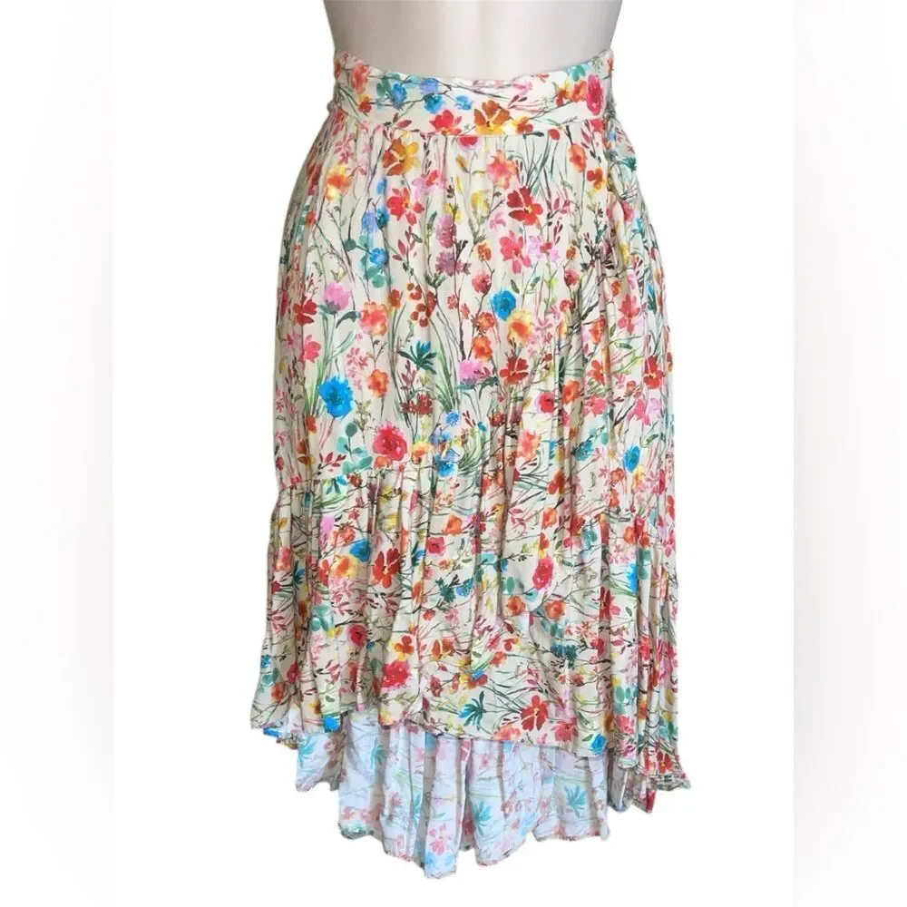 Trucco Ruffles Front Cream multi Floral High-Low Side Zipper Skirt for Women